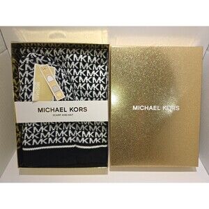 Michael Kors Black and White Hat, and Scarf Gift Set  MK LOGO